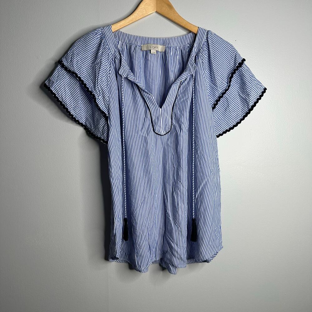 LOFT Short Sleeve Ruffle‎ Blue + White Striped Top with Tassel Details Size M